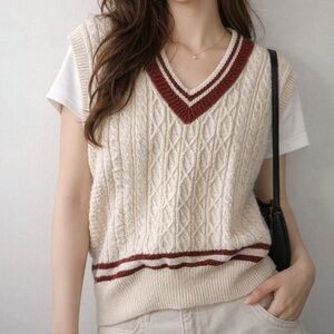 Abound Women's V-Neck Cable Knit Sweater Vest - Cream and Brown